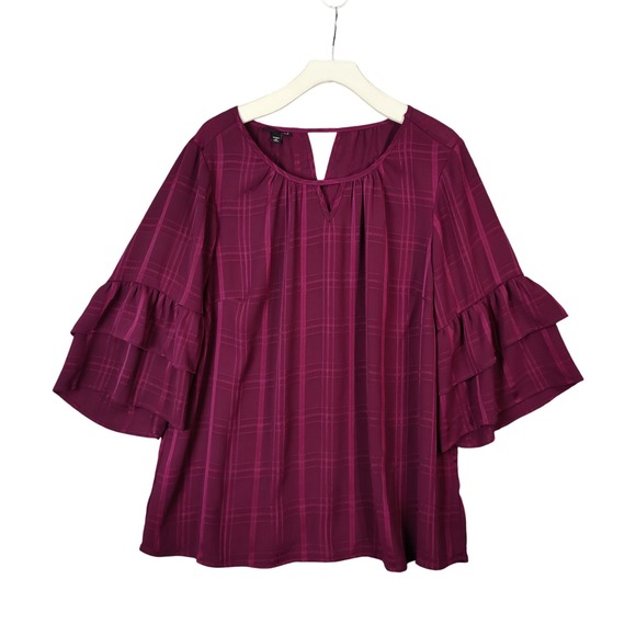 Roz & Ali Romantic Dreamy Plaid Ruffle‎ Bell Sleeve Top Burgundy Women Size 1X - Picture 1 of 8